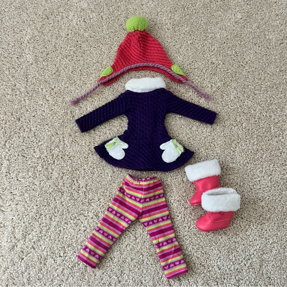American Girl WellieWishers winter outfit with purple sweater top